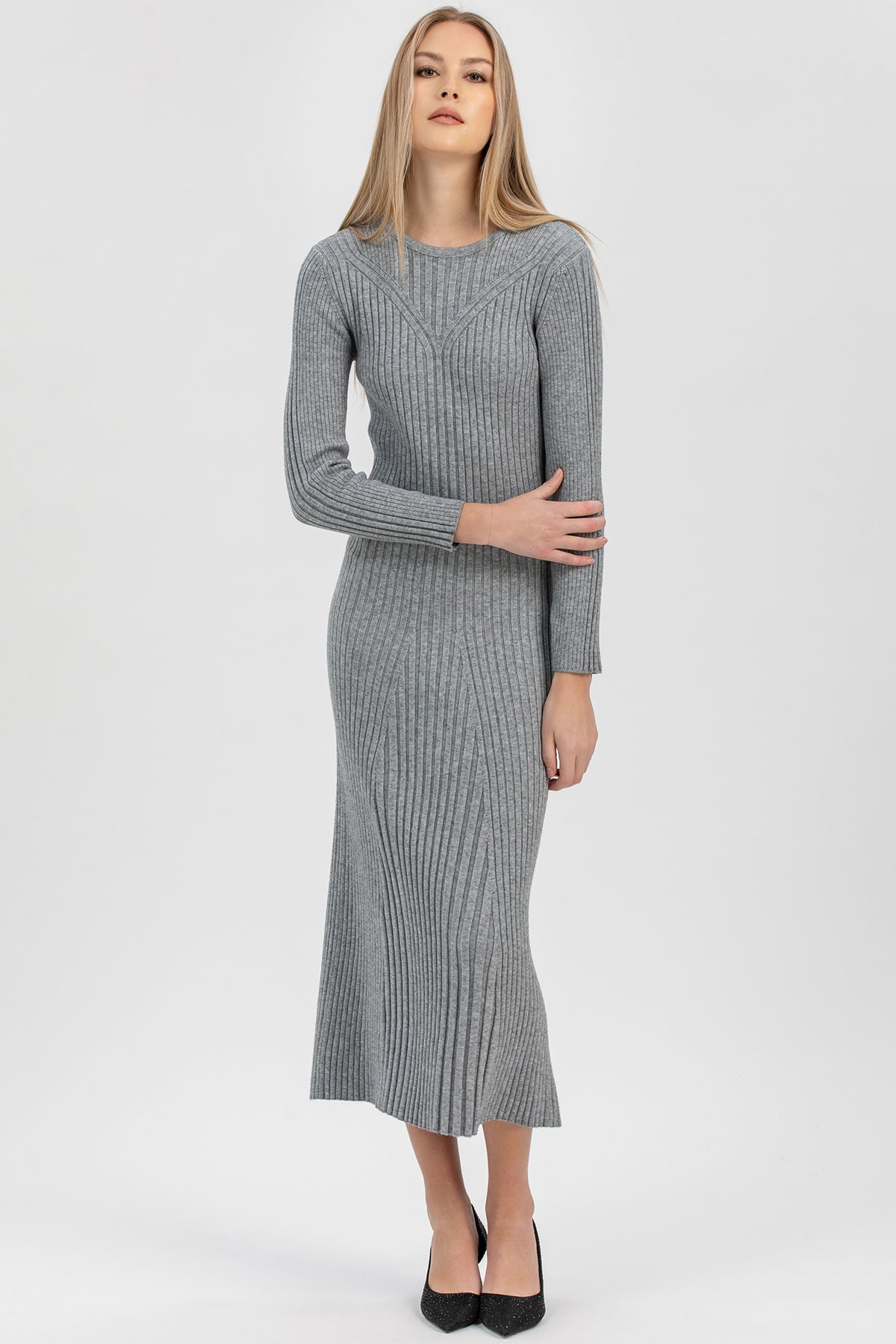 GEMMA | Abito Aderente Grigio con Maniche Lunghe