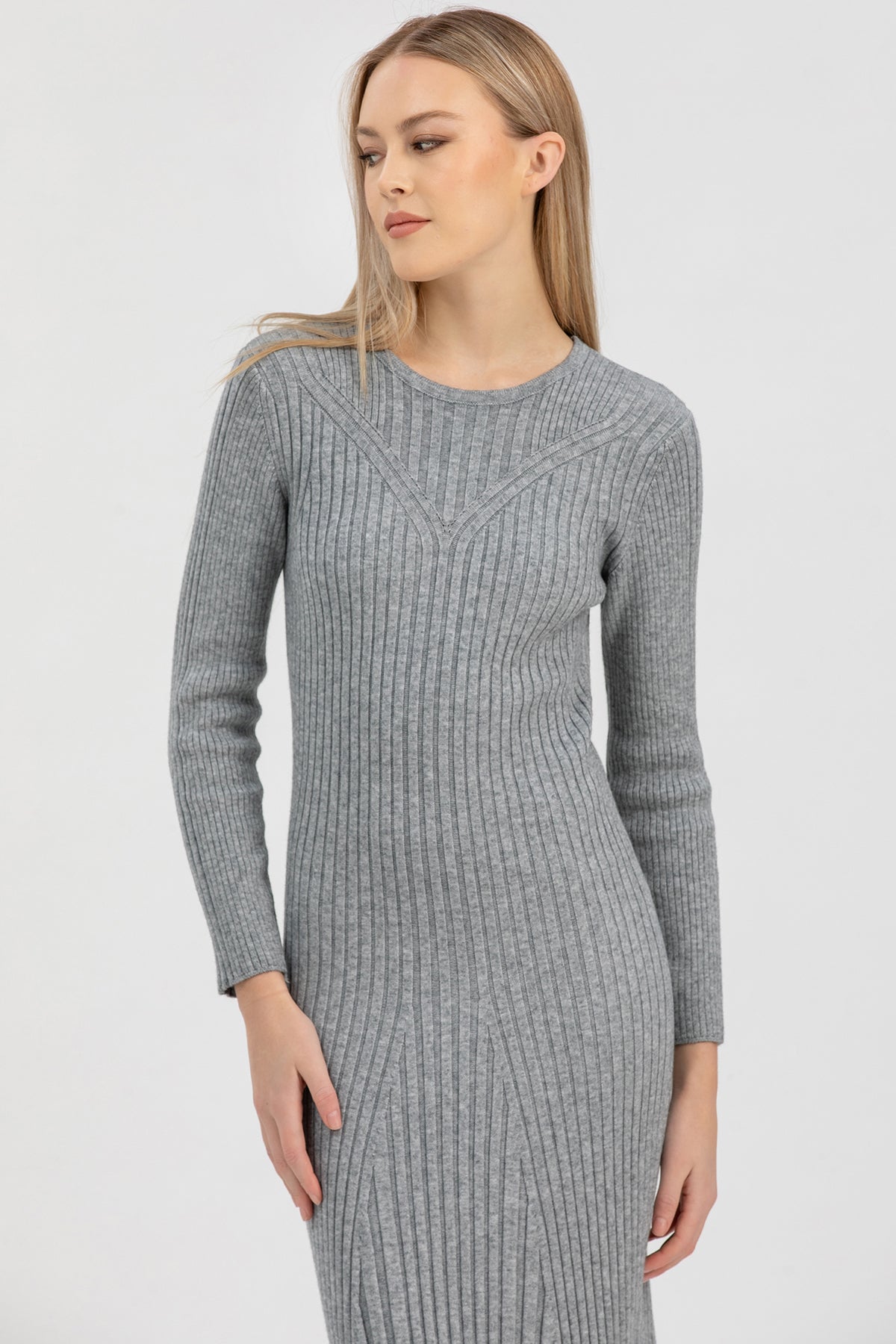 GEMMA | Abito Aderente Grigio con Maniche Lunghe