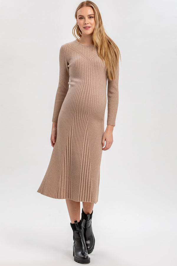 GEMMA | Beige Long Sleeve Maternity Dress