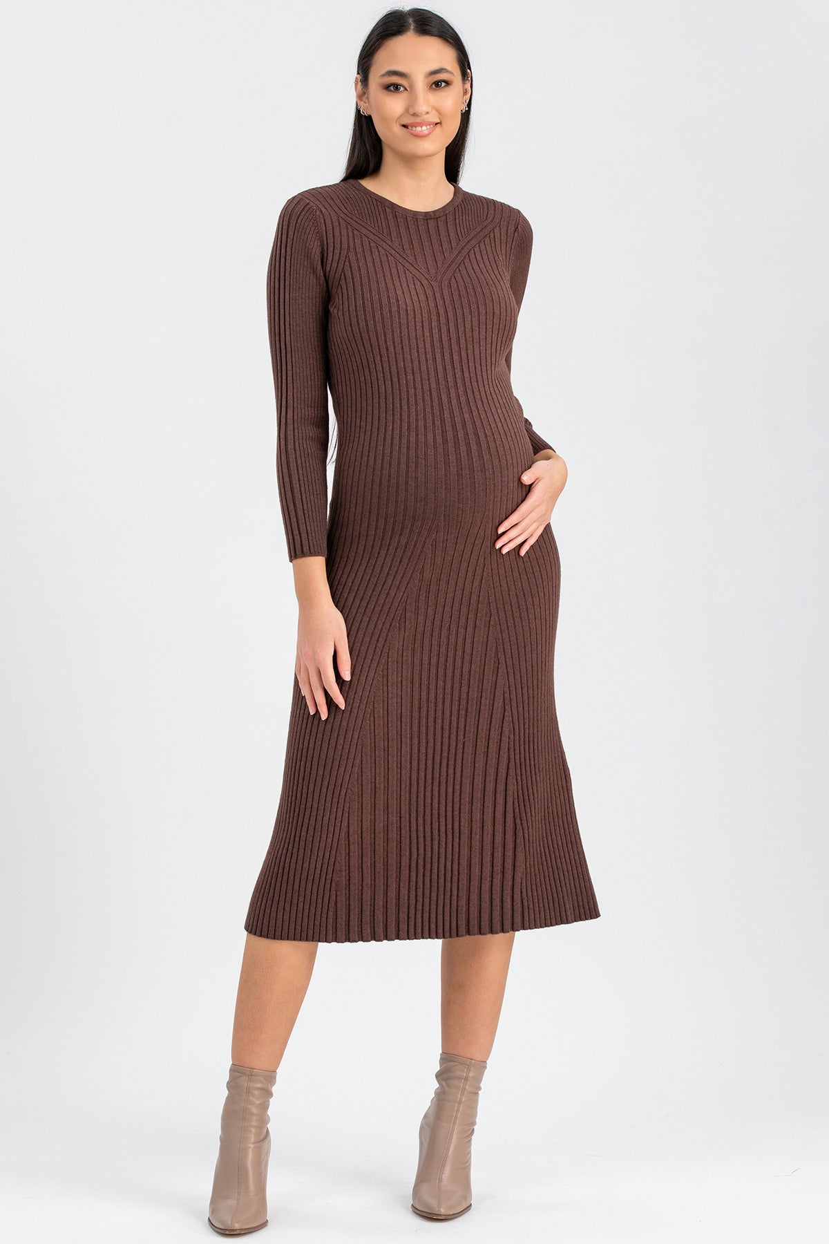 GEMMA | Abito Premaman Aderente Marrone con Maniche Lunghe