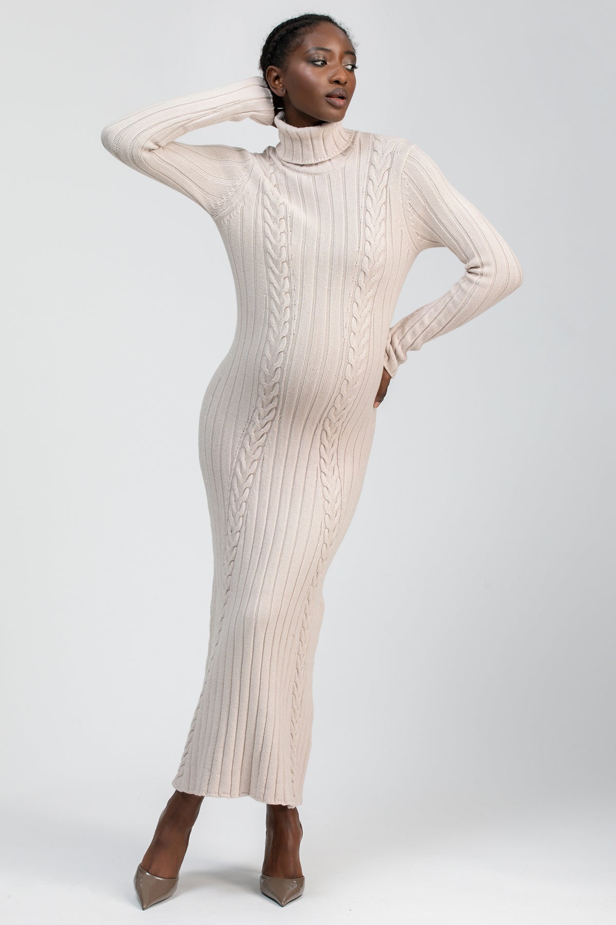 fitted lace wedding dress Pietro Brunelli Long Sleeve Mixed Stitch Maternity Midi Sweater Dress in Light Beige at Nordstrom, Size Small