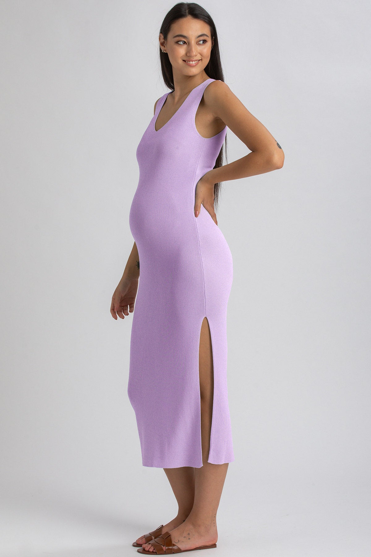 Fitted Purple Maternity Dress with V-Neck