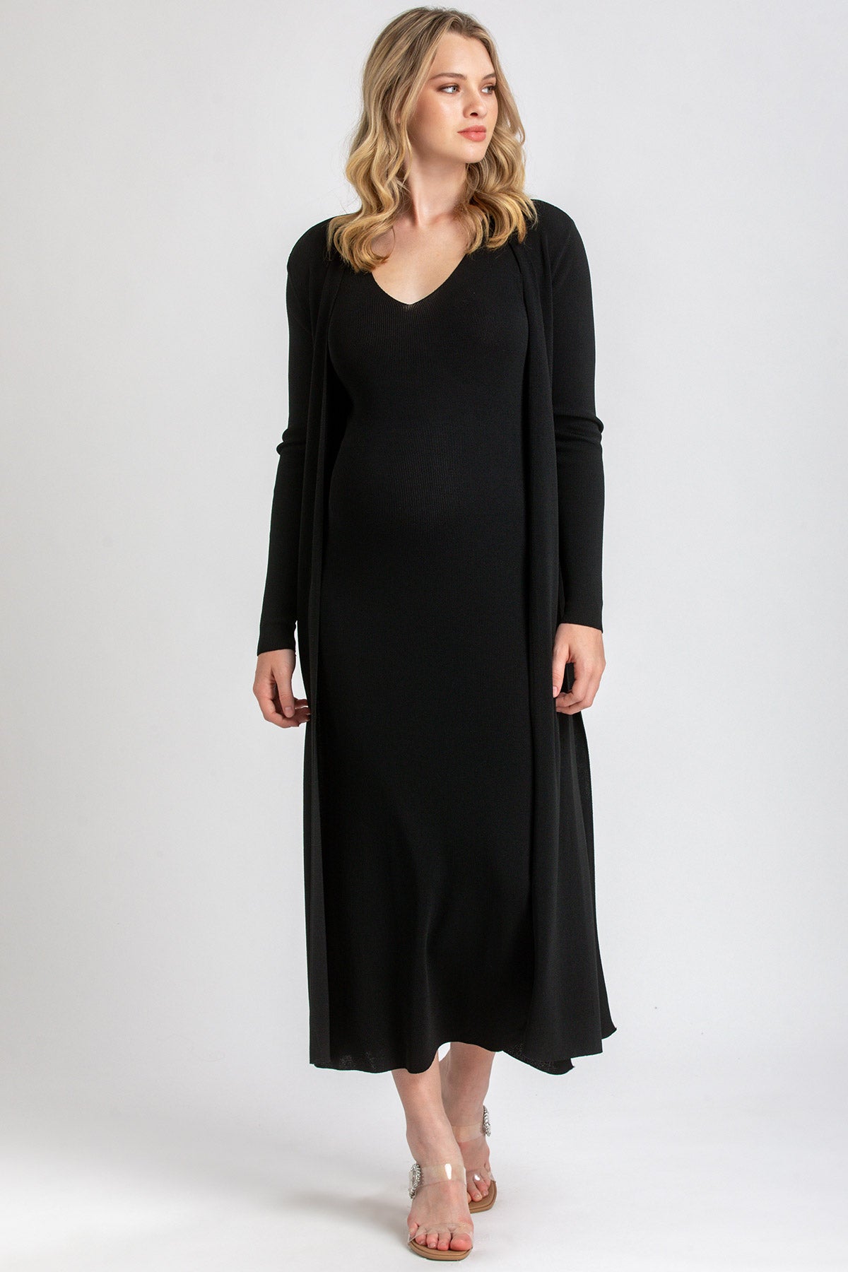 Fitted Black Maternity Dress with V-Neck