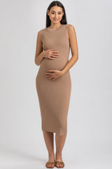 IRIS | Brown Ribbed Maternity Fitted Dress