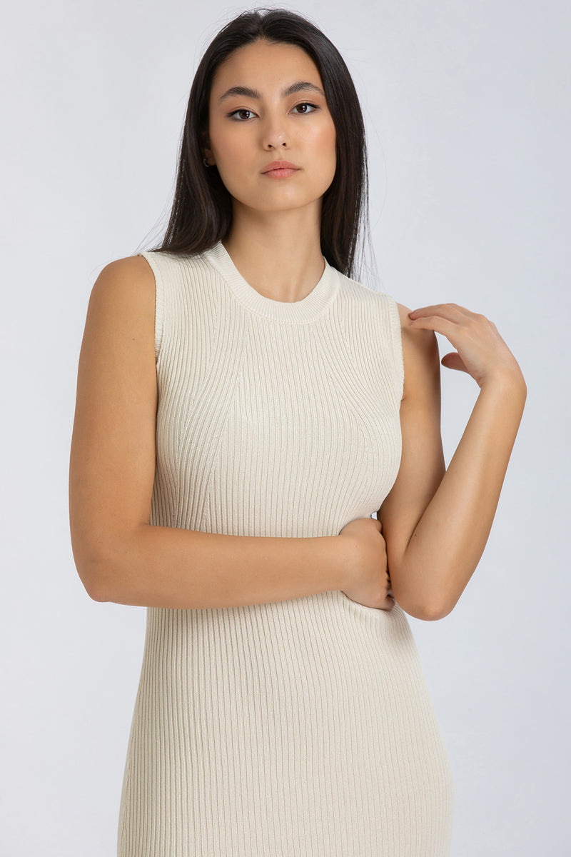 IRIS | Cream Ribbed Fitted Dress