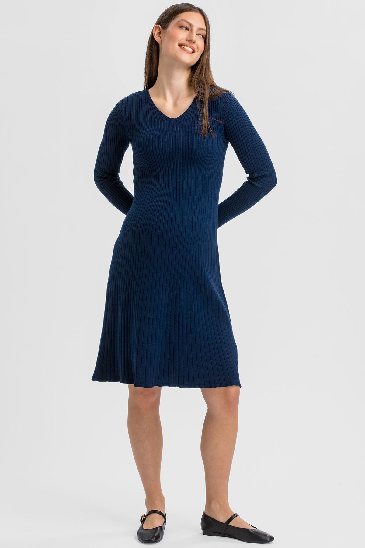 BIANCA | Abito Premaman Navy Svasato con Scollo a V