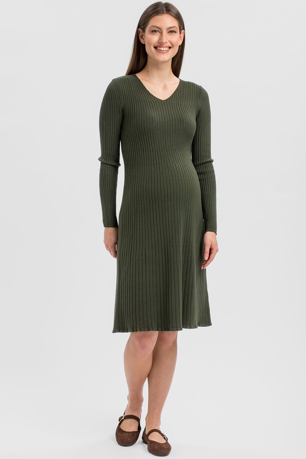 BIANCA | Olive Green Flared Maternity Dress with V-Neckline