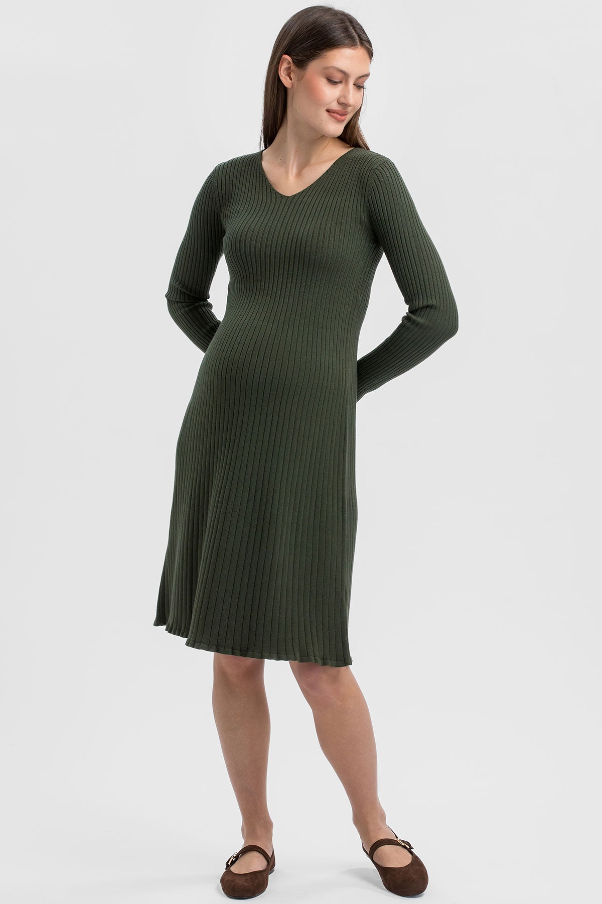 BIANCA | Olive Green Flared Maternity Dress with V-Neckline