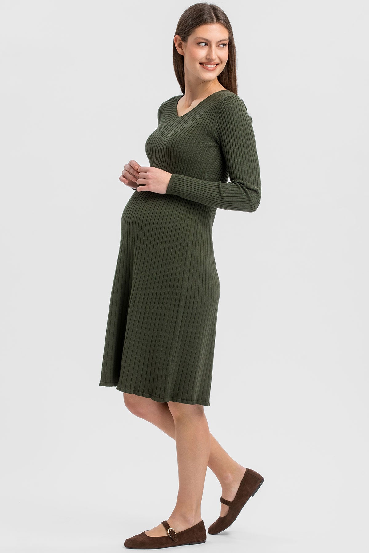  Abito Premaman Verde Oliva Svasato con Scollo a V