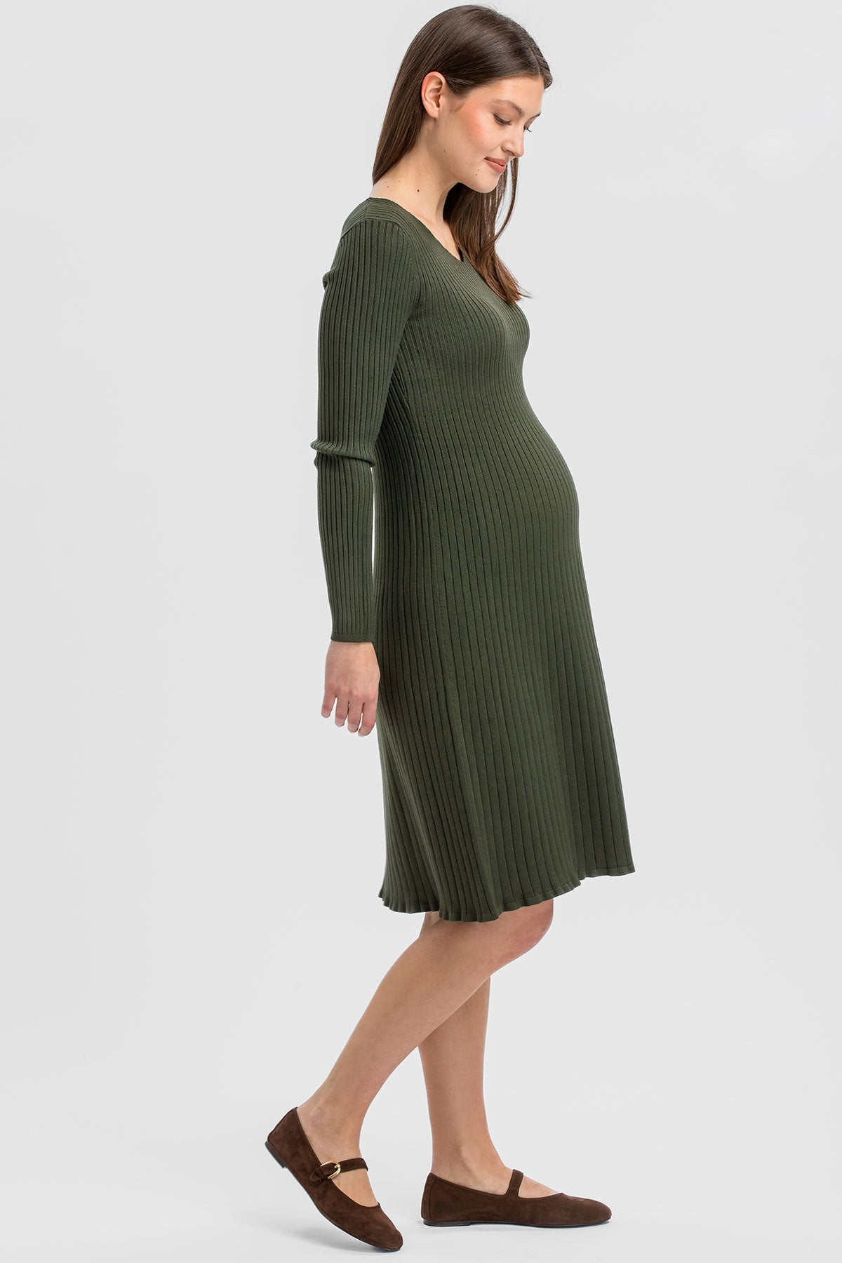 BIANCA | Olive Green Flared Maternity Dress with V-Neckline