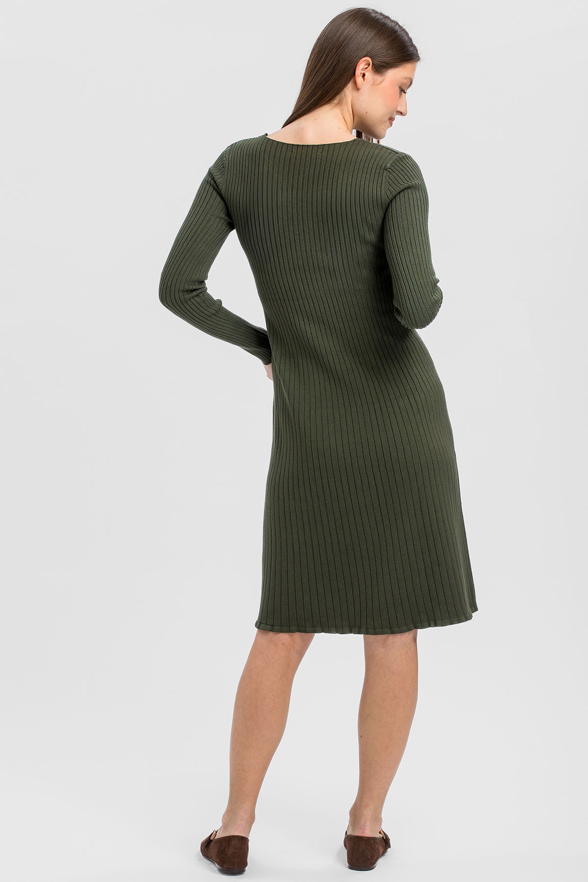 BIANCA | Olive Green Flared Maternity Dress with V-Neckline