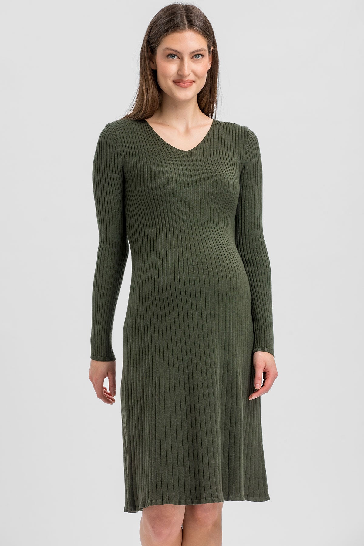 BIANCA | Olive Green Flared Maternity Dress with V-Neckline