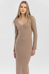 ANNA | Abito Aderente Beige con Scollo a V
