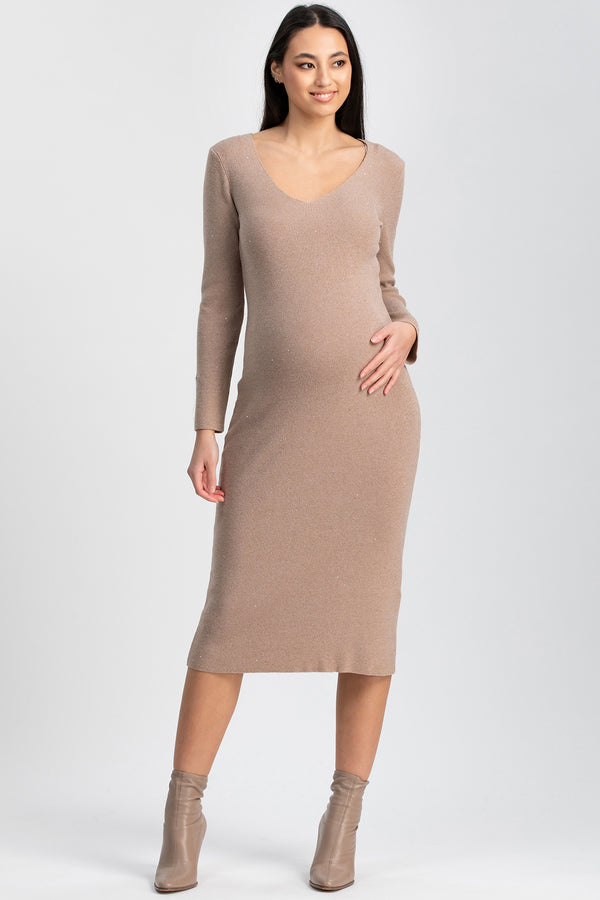 ANNA | Abito Premaman Aderente Beige con Scollo a V