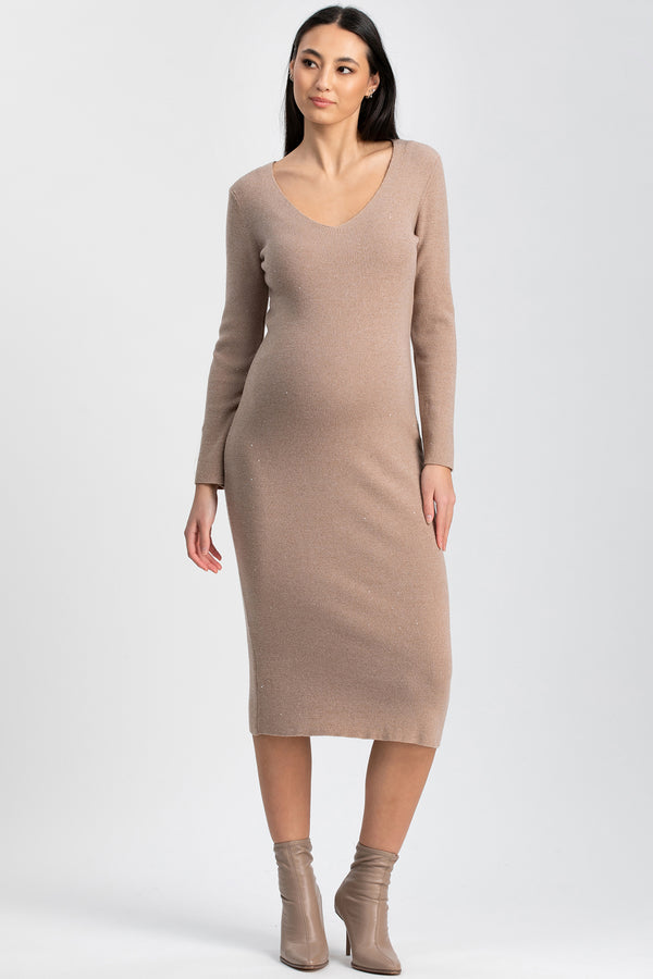 ANNA | Beige Maternity Dress with V-neck