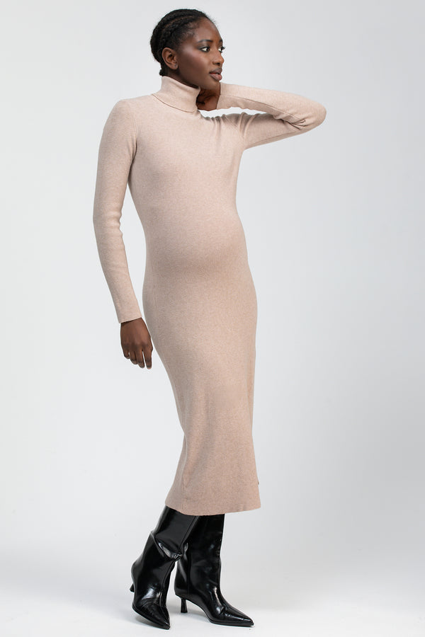 PENELOPE | Beige Fitted Maternity Dress with Side Slit
