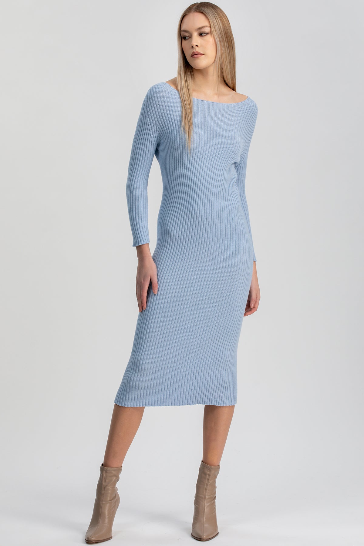 EMMA |  Abito Aderente Azzurro con Maniche Lunghe