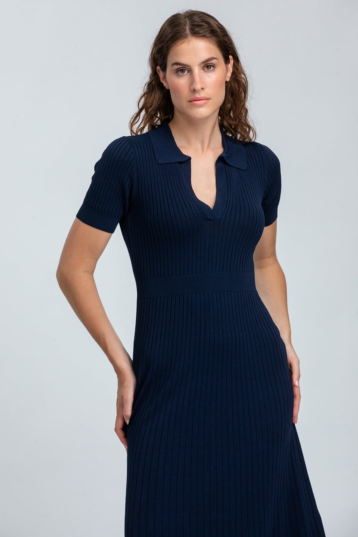 AZALEA | Navy Blue Flared Polo Dress with Collar
