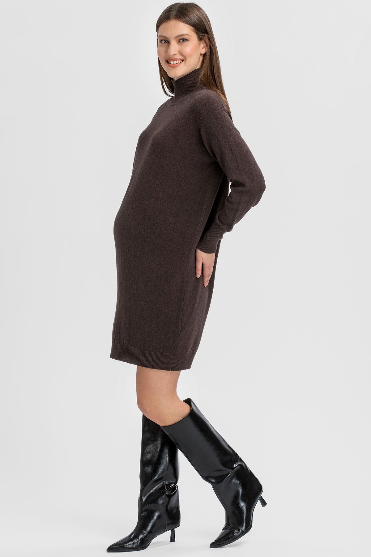 Relaxed brown maternity mini dress.  
