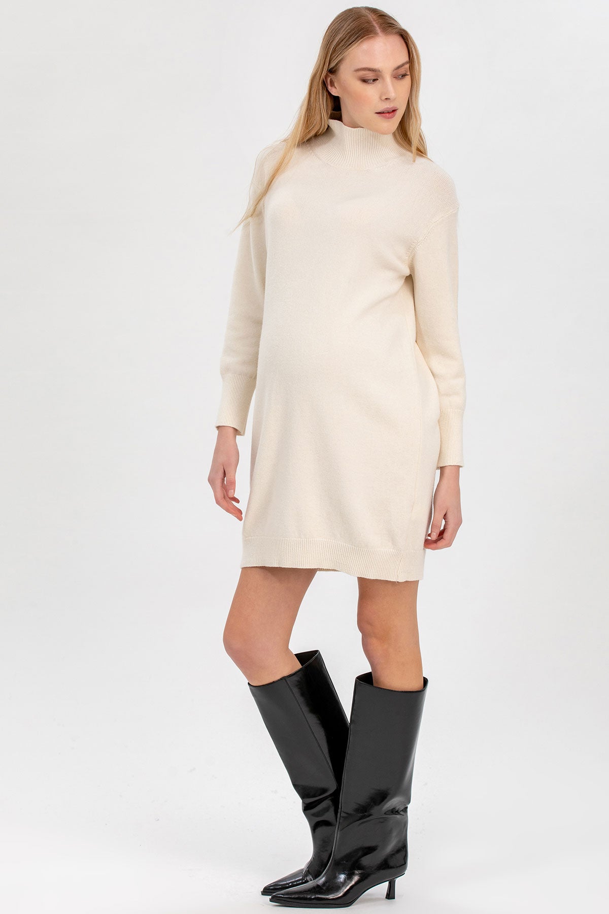 FELICIA | Cream Maternity Mini Dress with Long Sleeves