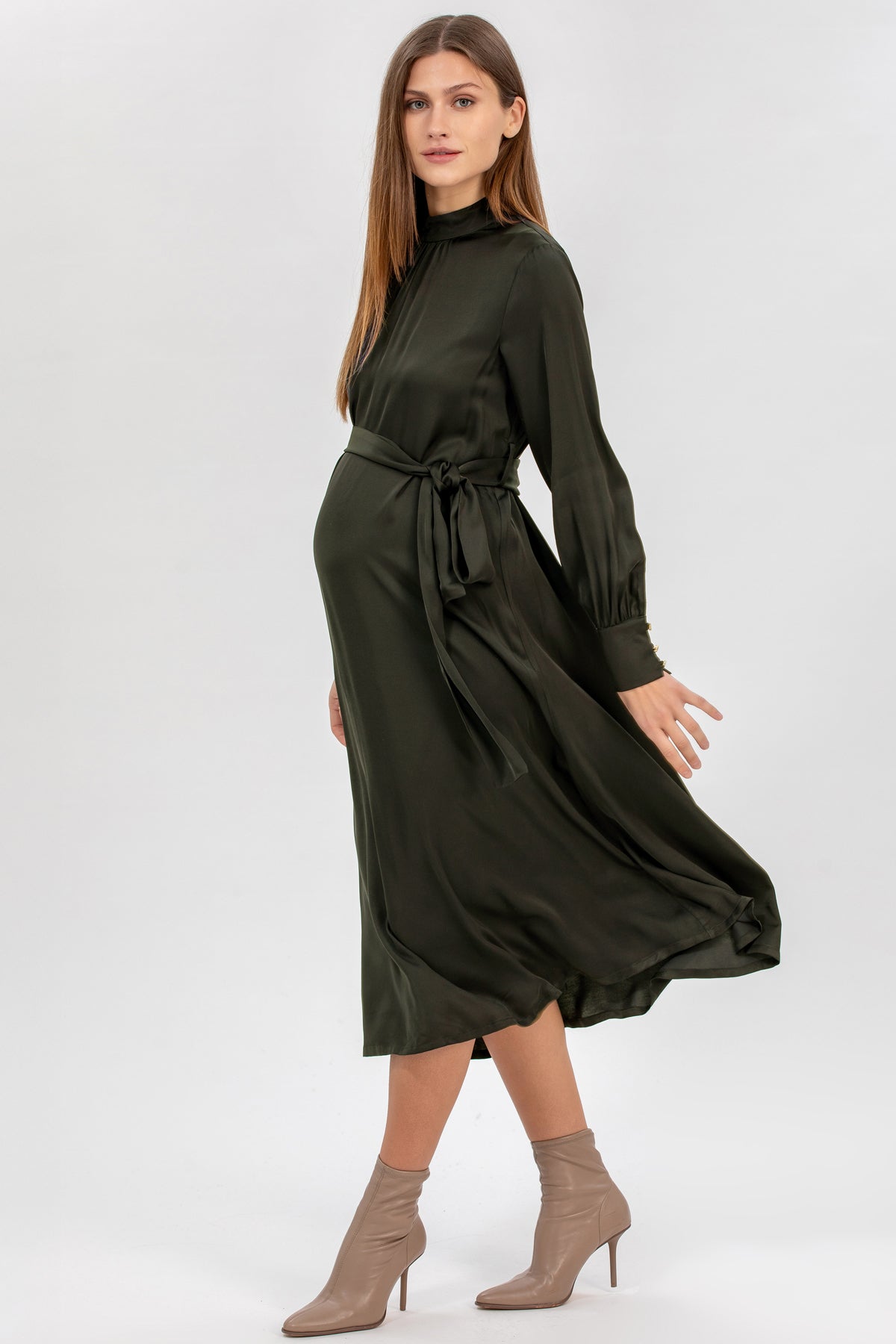 STELLA | Abito Midi Premaman Verde a Maniche Lunghe