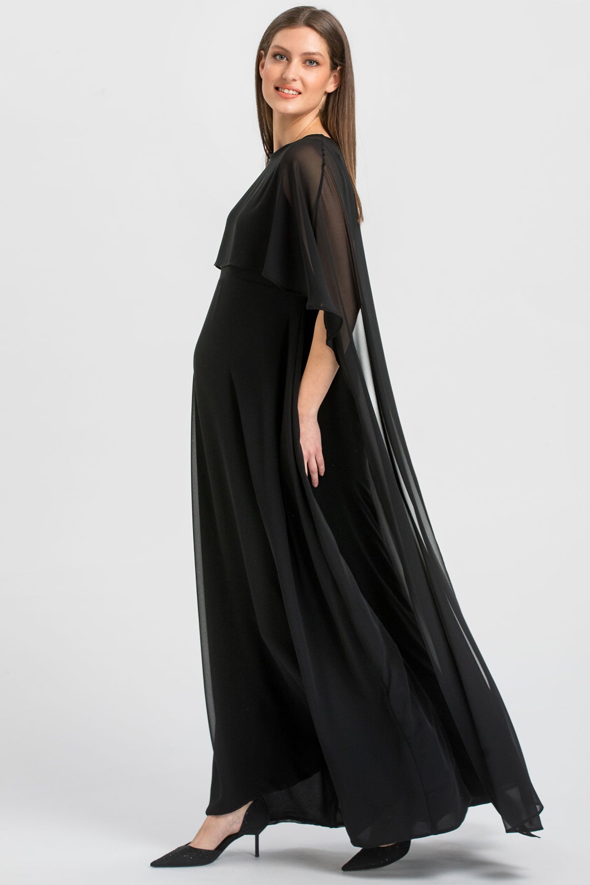 GLORIA | Maxi Abito Premaman Nero con Mantello in Chiffon