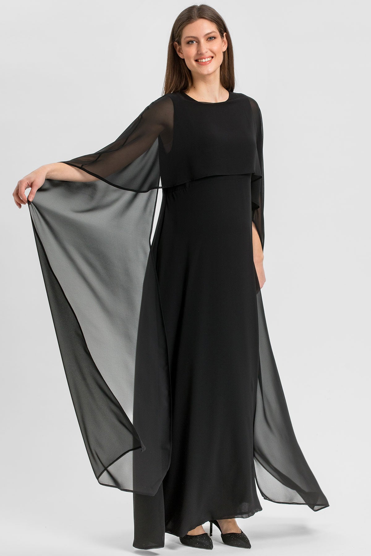 GLORIA | Maxi Abito Premaman Nero con Mantello in Chiffon