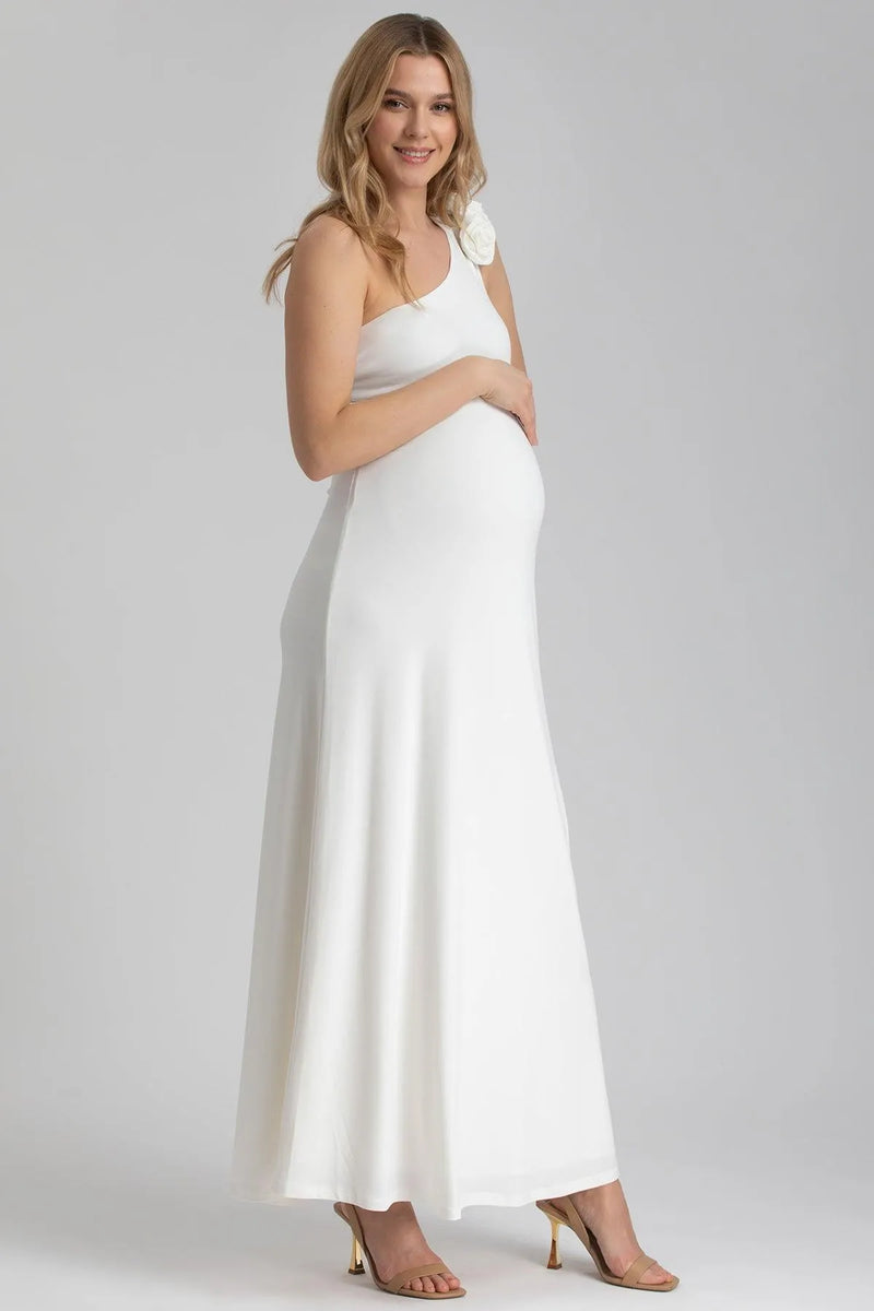 EVA | White One-Shoulder Maternity Dress with Detachable Flowers 