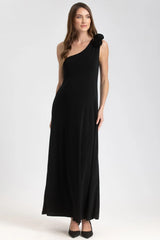 EVA | Black One-Shoulder Maternity Dress with Detachable Flowers 