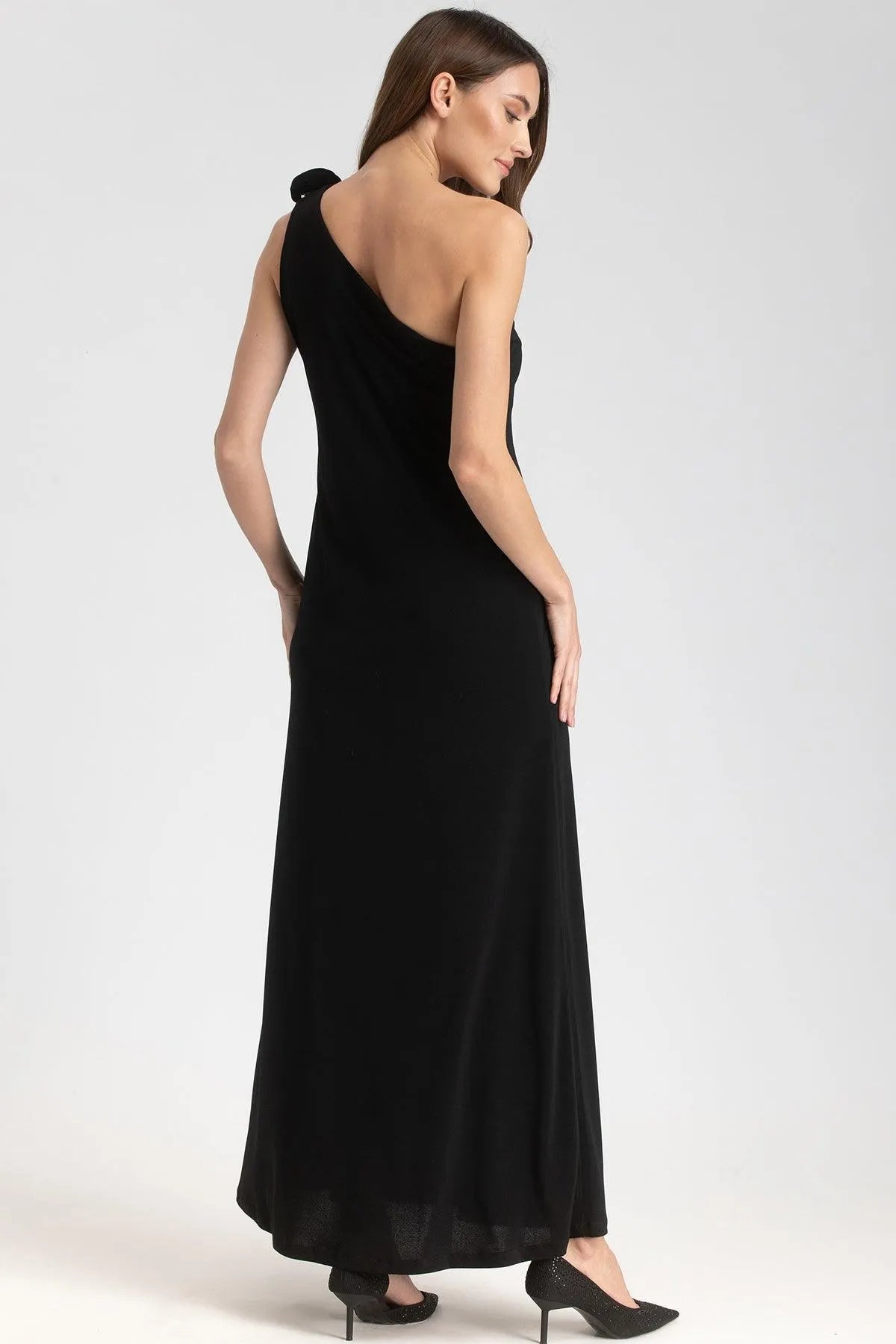 Black One-Shoulder Maternity Dress with Detachable Flowers