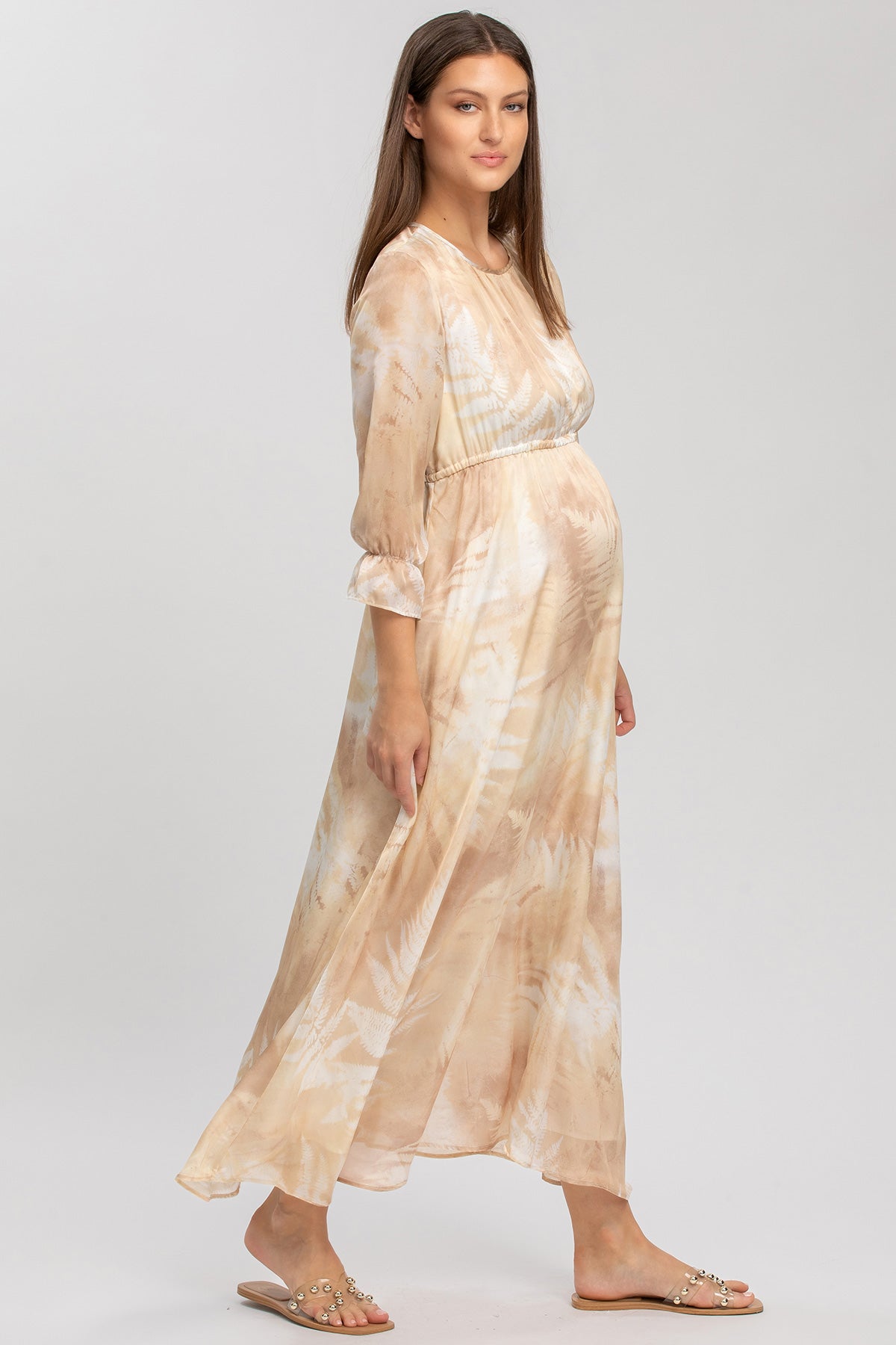 Abito premaman lungo beige a maniche lunghe per gravidanza, tessuto leggero e comodo