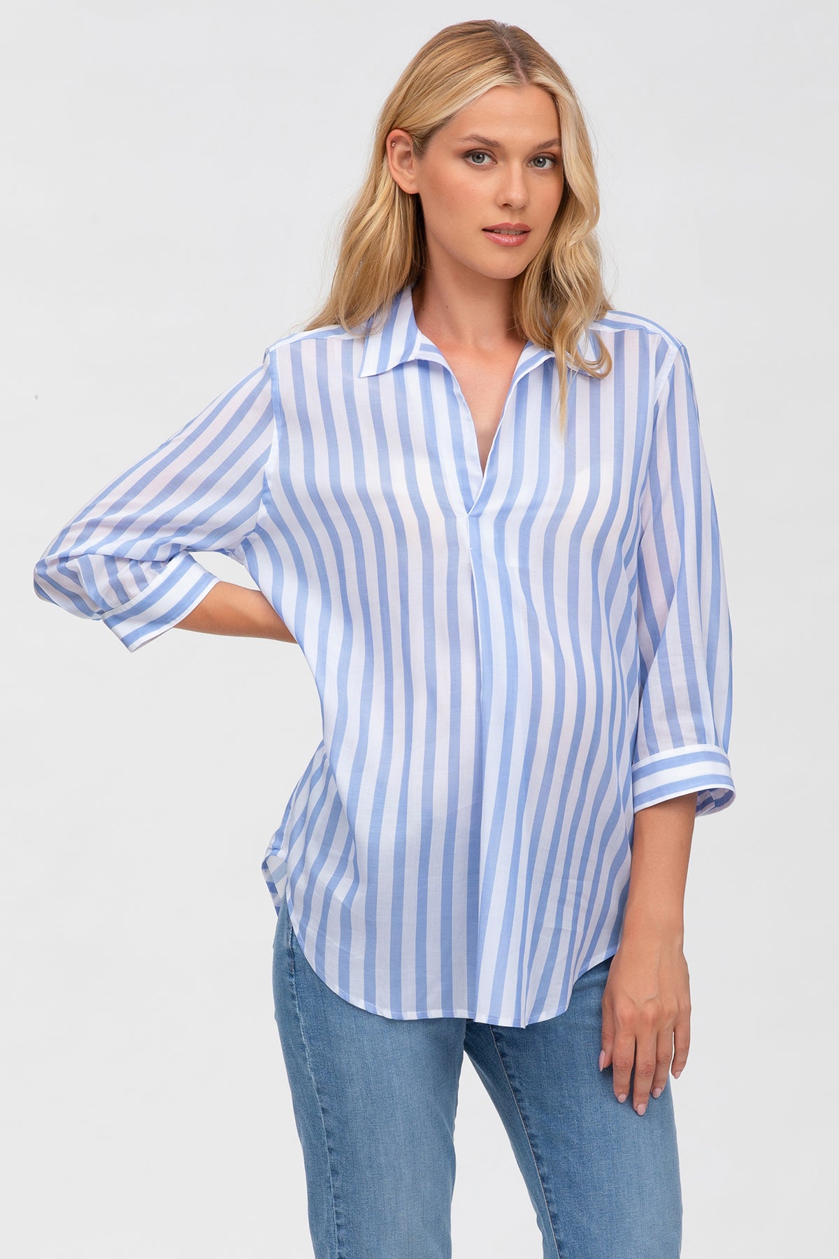 Camicia premaman a righe blu in tencel