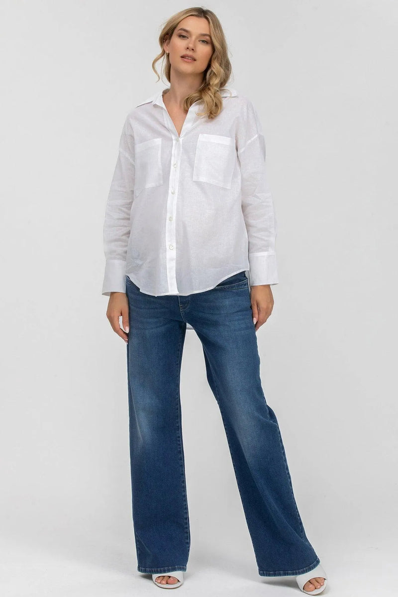 SOPHIA POCKET | Oversized White Linen mATERNITY Shirt with Front Pockets 