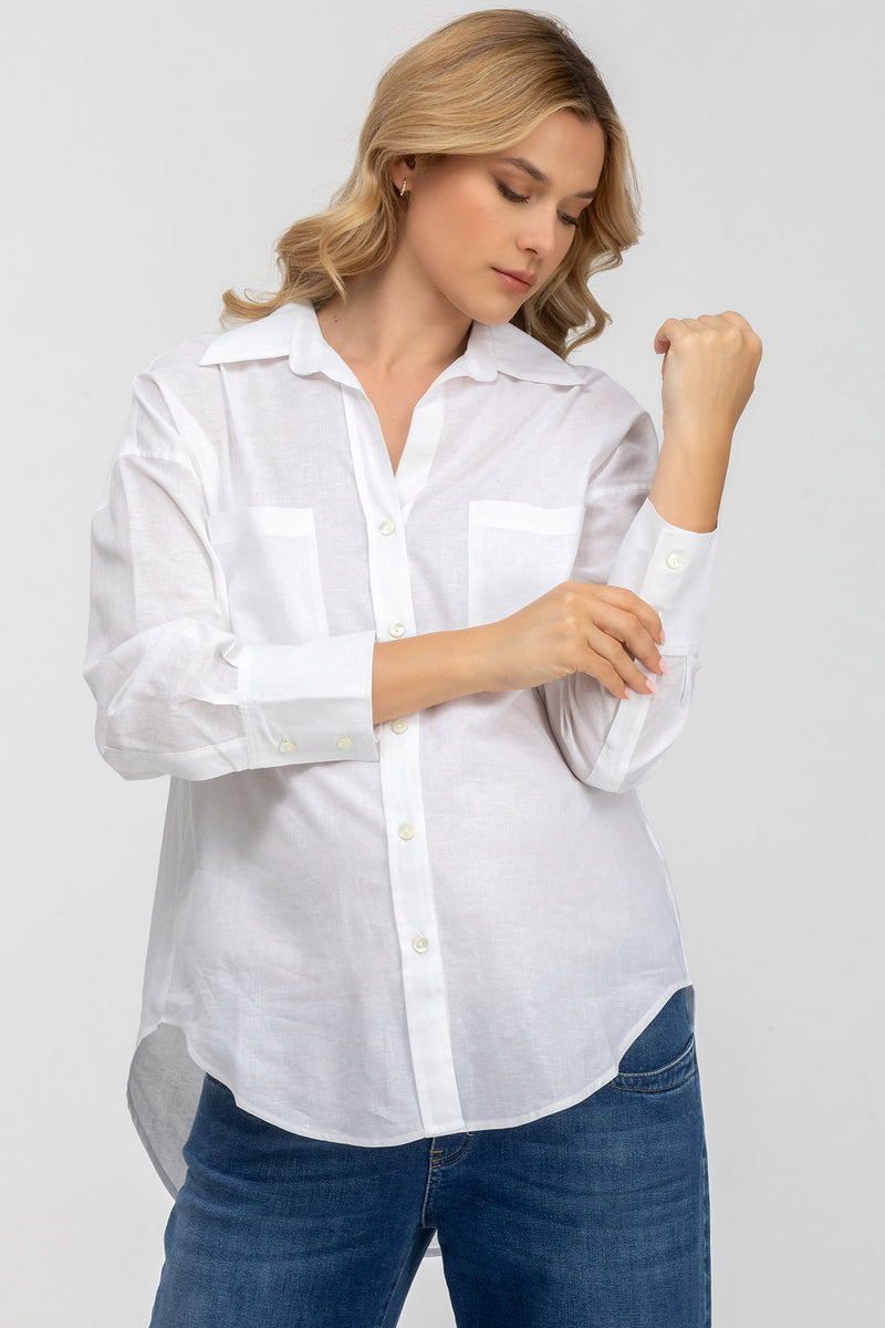 SOPHIA POCKET | Oversized White Linen mATERNITY Shirt with Front Pockets 
