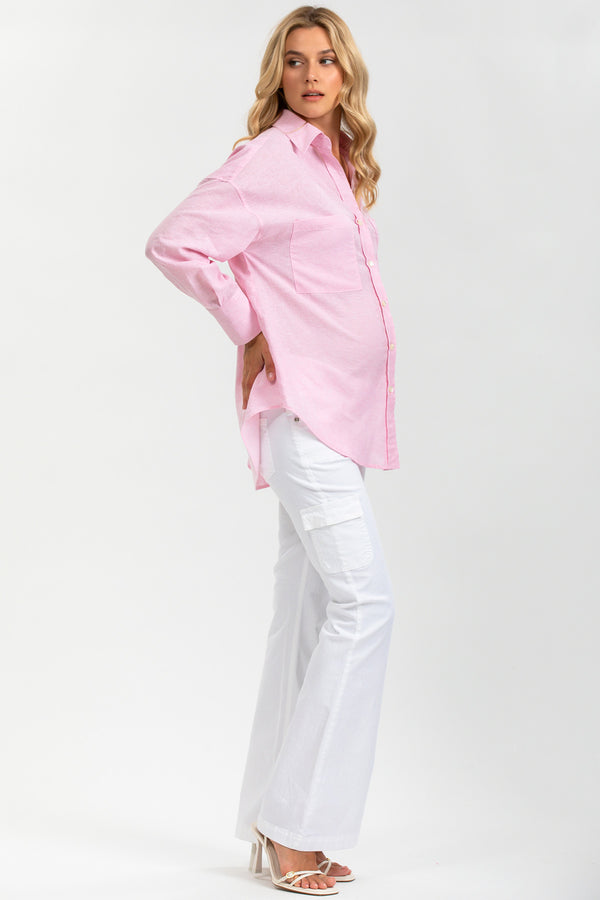 SOPHIA POCKET | Pink Oversized Maternity Shirt with Front Pockets in Linen