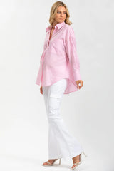 SOPHIA POCKET | Oversized Pink Linen Maternity Shirt with Front Pockets 