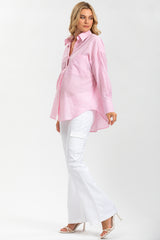 SOPHIA POCKET | Oversized Pink Linen Maternity Shirt with Front Pockets 