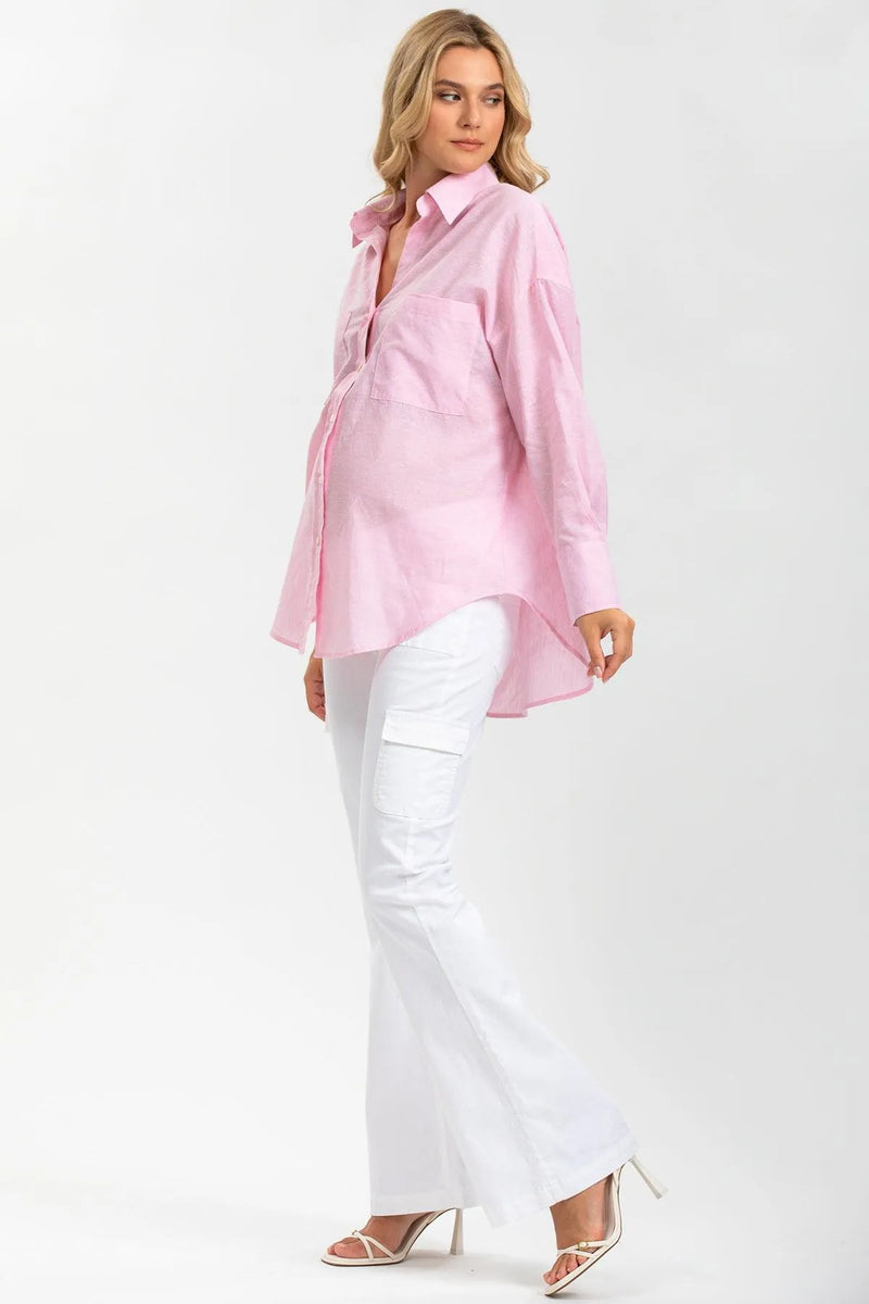 SOPHIA POCKET | Camicia Premaman Oversize con Tasche Frontali in Lino Rosa