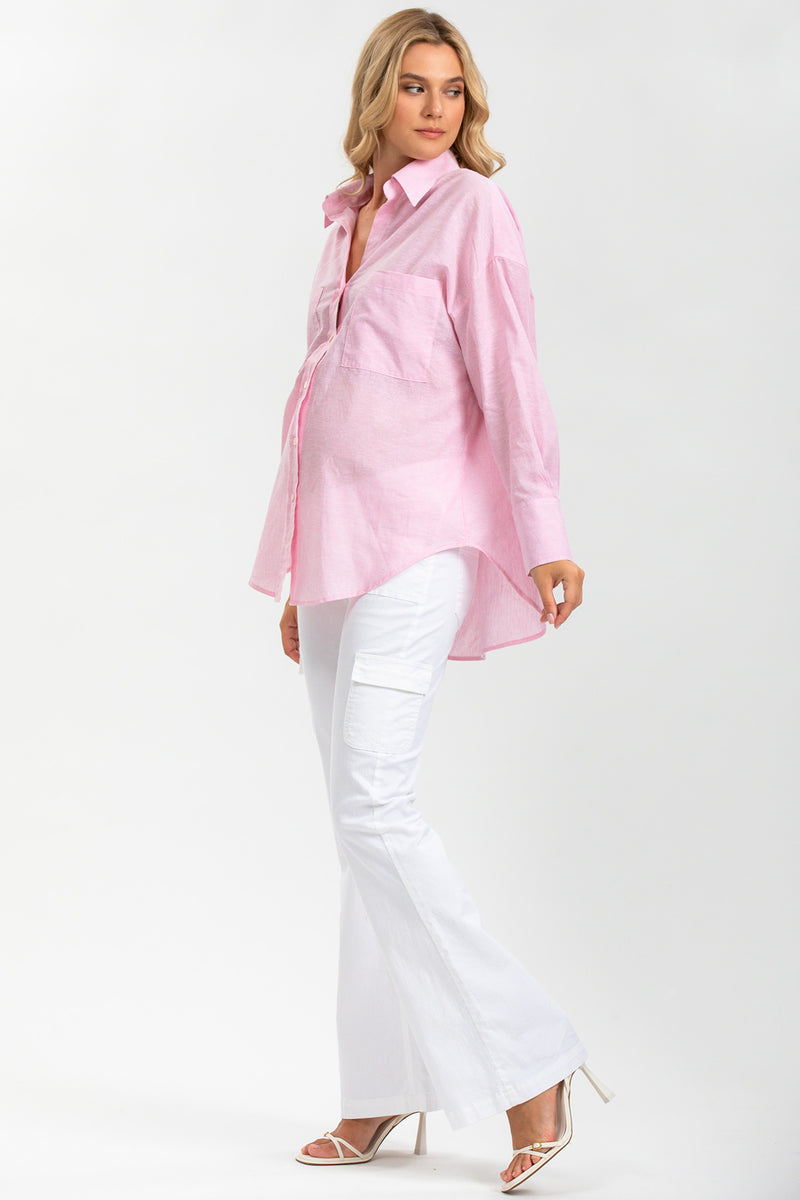 SOPHIA POCKET | Oversized Pink Linen Maternity Shirt with Front Pockets 
