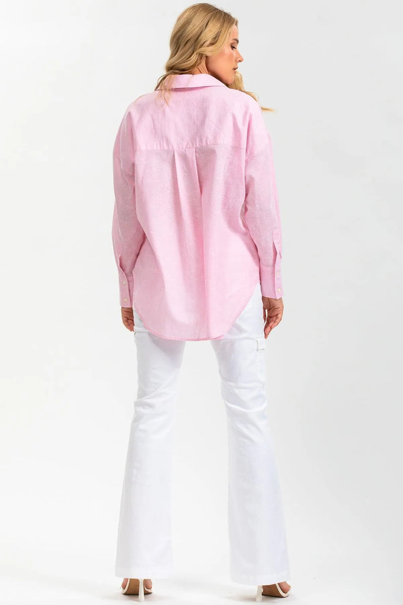 SOPHIA POCKET | Oversized Pink Linen Maternity Shirt with Front Pockets 