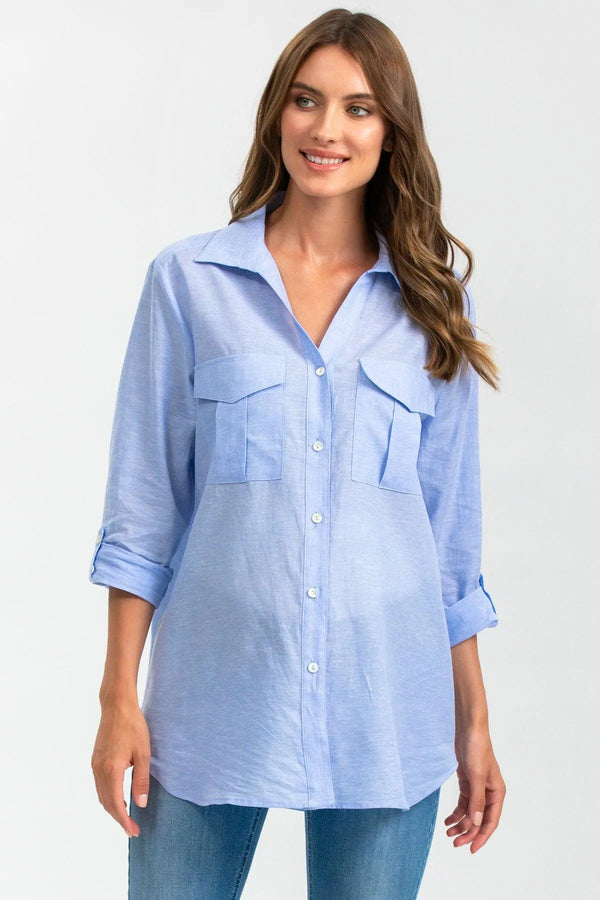 SAFARI POCKET | Camicia Utility Premaman in Lino Blu - Pietro Brunelli
