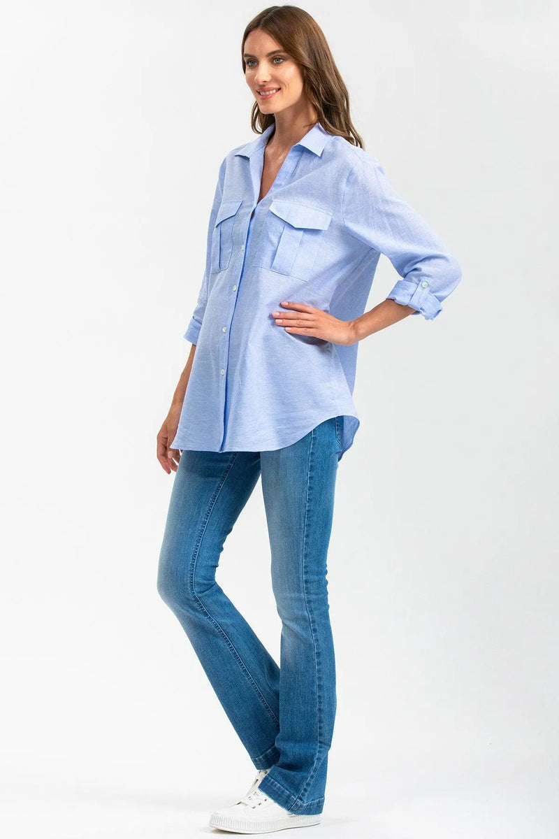 SAFARI POCKET | Camicia Utility Premaman in Lino Blu - Pietro Brunelli