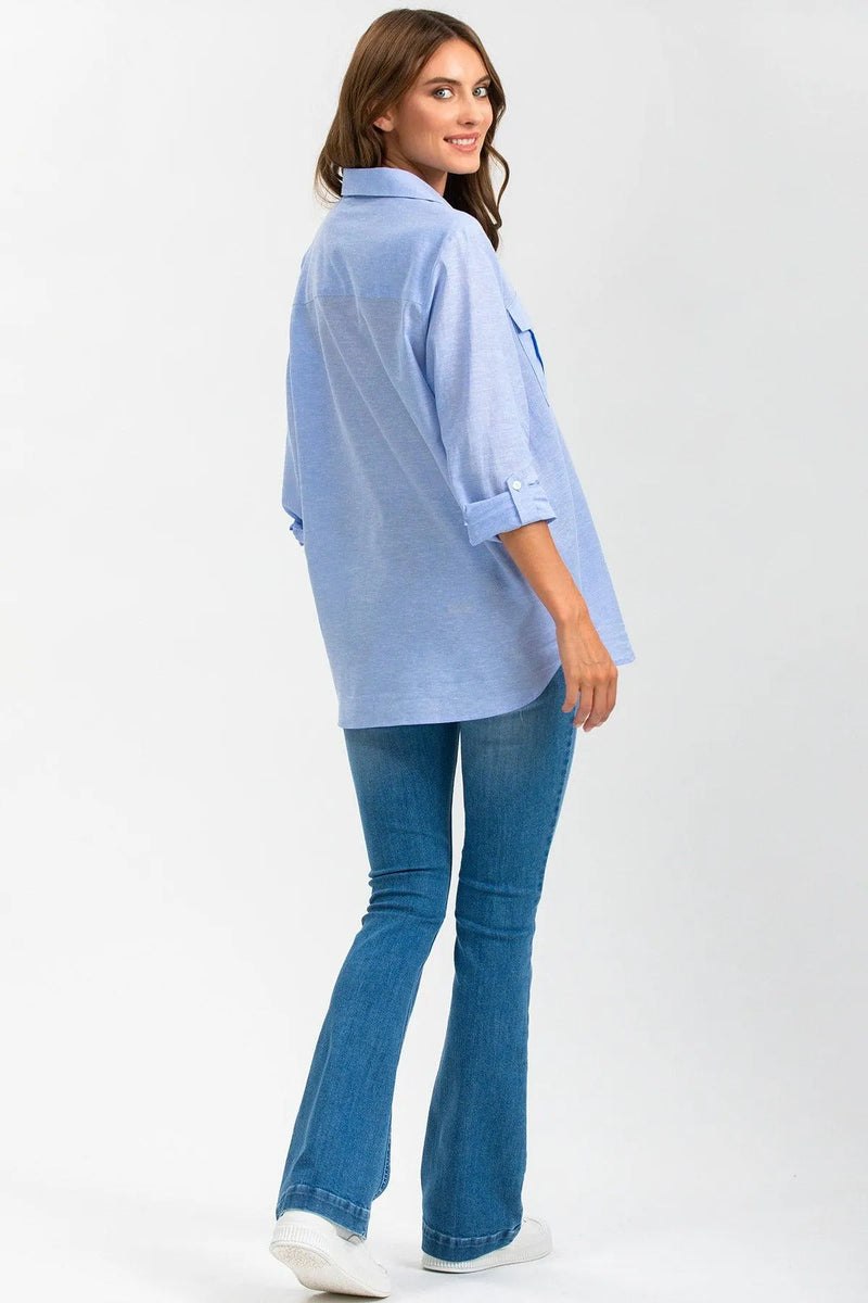 SAFARI POCKET | Blue Linen Utility Maternity Shirt