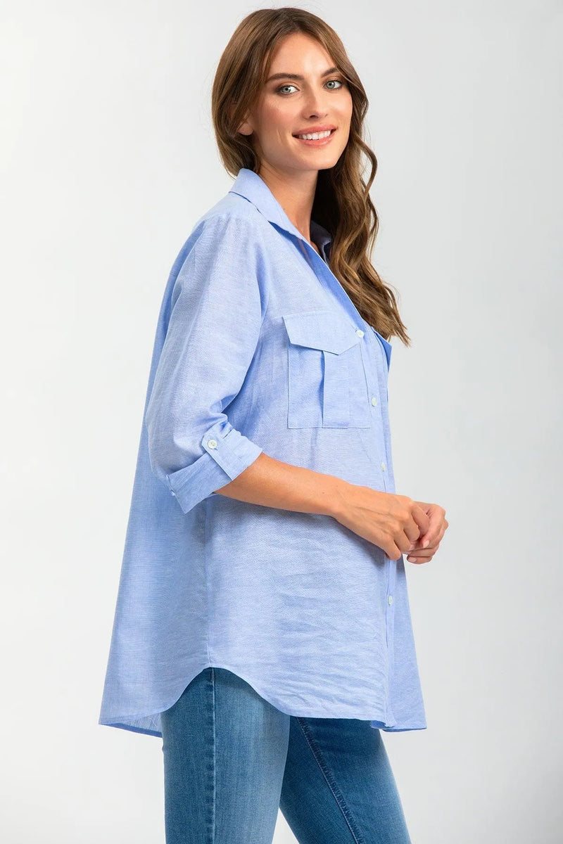 SAFARI POCKET | Camicia Utility Premaman in Lino Blu - Pietro Brunelli