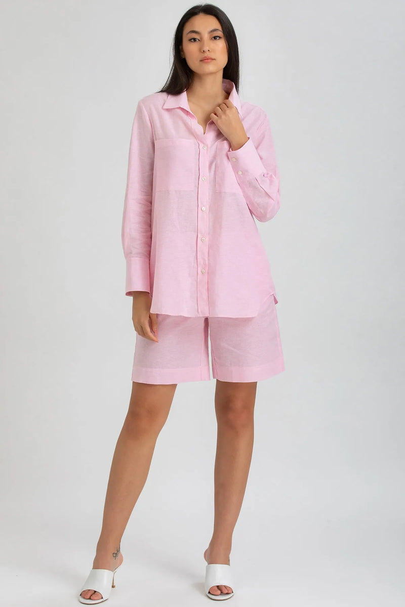 DAFNE | Pink Linen Shirt with Front Pockets 