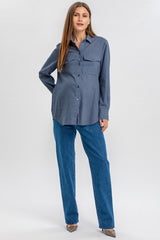 ANGELINA | Blue Maternity Shirt in Technical Cotton with Front Pockets
