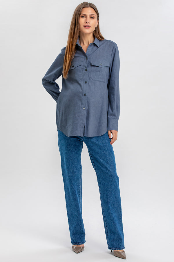 ANGELINA | Blue Maternity Shirt in Technical Cotton with Front Pockets