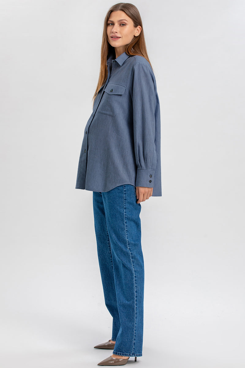 ANGELINA | Blue Maternity Shirt in Technical Cotton with Front Pockets