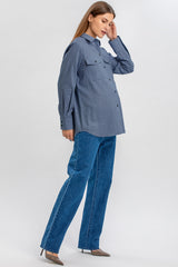 ANGELINA | Blue Maternity Shirt in Technical Cotton with Front Pockets