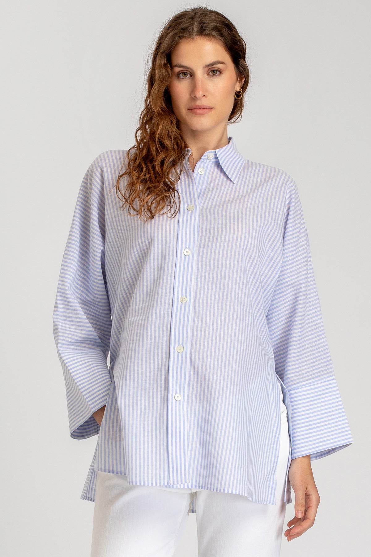 LIPARI | Camicia Premaman Oversize in Lino a Righe Azzurre